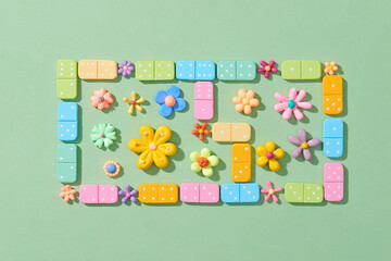 Dominoes surrounded filled with flowers inside