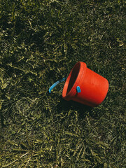 Red toy bucket with broken blue handle lying on grass, vertical photo, warm colors. Plastic children toy for playing with sand or water, gardening tool