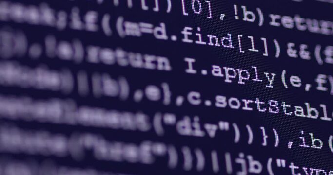 4K Close up shot programming tag code on PC Monitor scroll down. Background concept for programming and coding web development.