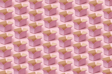 Seamless pattern of pink open cardboard boxes
