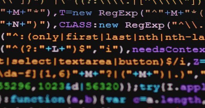 4K Close up shot programming tag code on PC Monitor scroll down. Background concept for programming and coding web development.
