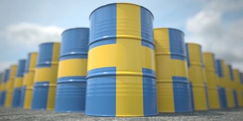 Flag of Sweden on the barrels or steel drums. Chemical or oil industry related 3D rendering