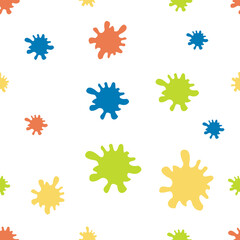 Different splashes and drops, cartoon spatters. Stain colored ink collection. Isolated vector illustration
