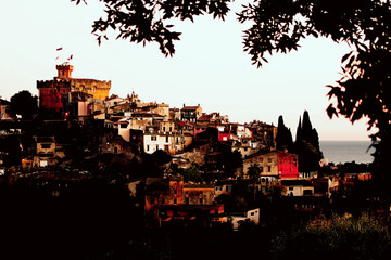 medieval city on the french Riviera at sunset 