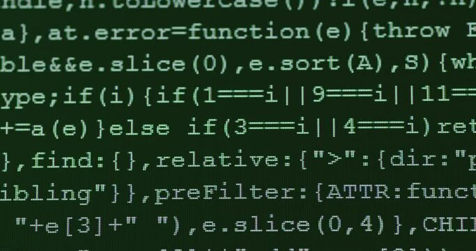 4K Close up shot programming tag code on PC Monitor scroll down. Background concept for programming and coding web development.