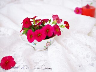 Red flowers in antique vase isolated on white background ,Calibrachoa petunia Million bells...