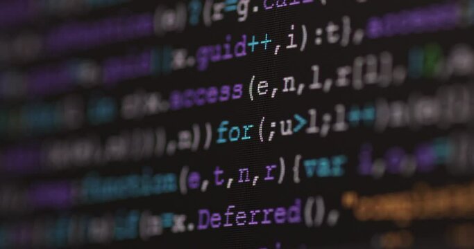 4K Close up shot programming tag code on PC Monitor scroll down. Background concept for programming and coding web development.