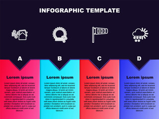Set line Tornado swirl, Wind and sun, Cone meteorology windsock wind vane and Cloudy with snow. Business infographic template. Vector