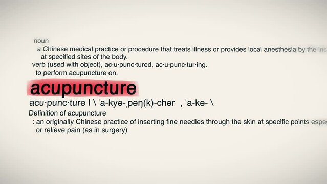 The Word Acupuncture Red Highlighted in a Dictionary Animation