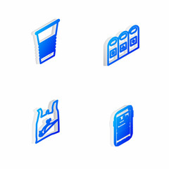 Set Isometric line Trash in garbage cans sorted, Paper glass, Dead bird, plastic and Stop pollution icon. Vector