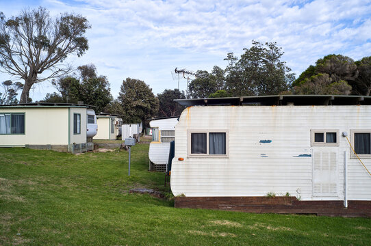 Row of vintage caravan at campsite