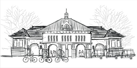 Black and white sketch of Jatinegara City train, east Jakarta area, Indonesia. Vector illustration