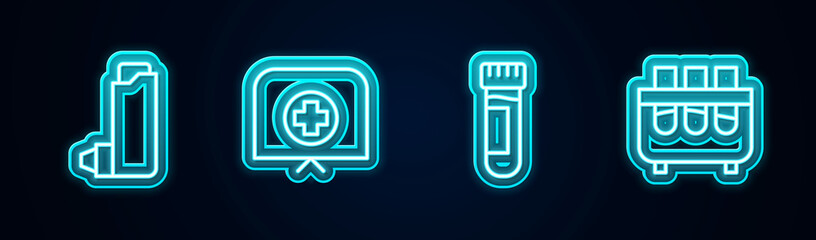 Set line Inhaler, Nurse hat with cross, Test tube blood and and flask. Glowing neon icon. Vector