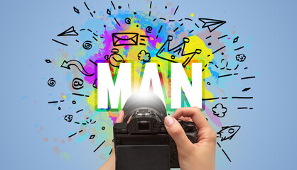 Close-up of a hand holding digital camera with abstract drawing