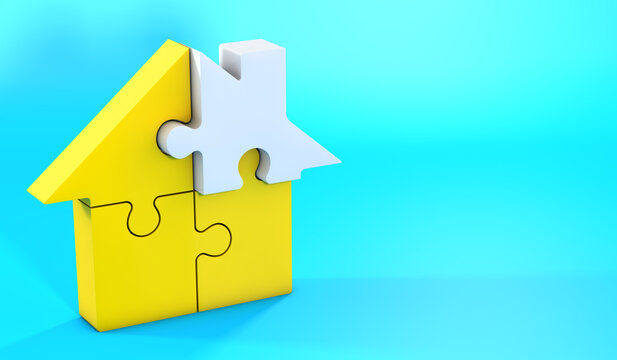 Isolated 3d House, Yellow Puzzle With One White Piece. Light Blue Background, Real Estate Concept