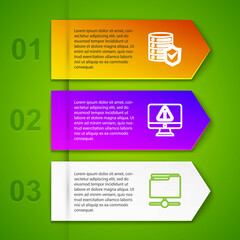 Set line Server with shield, Monitor exclamation mark, FTP folder and Lock. Business infographic template. Vector