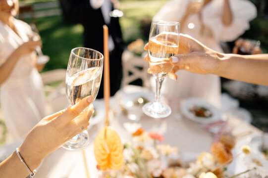 friends clink glasses with champagne at outdoor summer party