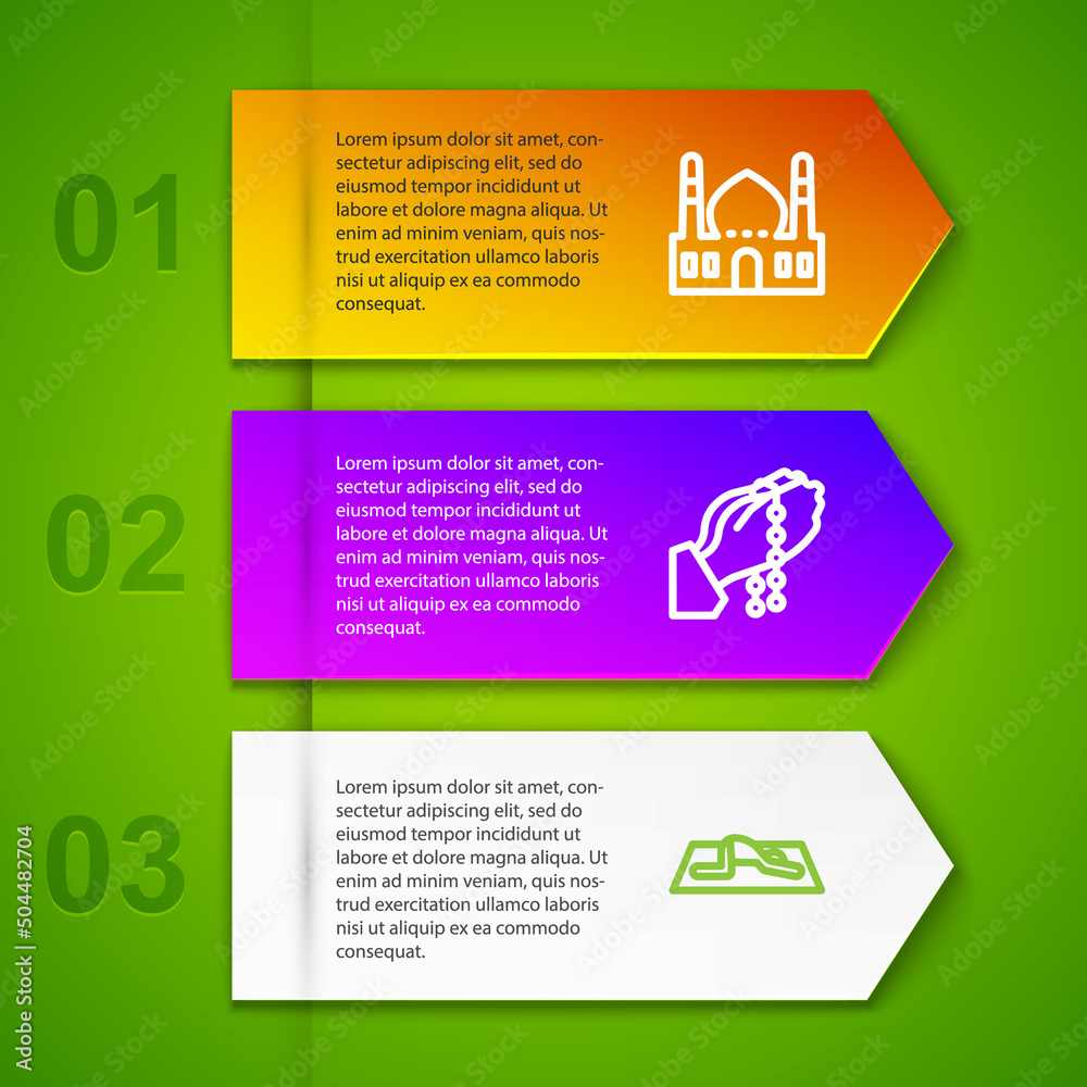 Poster set line muslim mosque, hands in praying position and man prays. business infographic template. vect