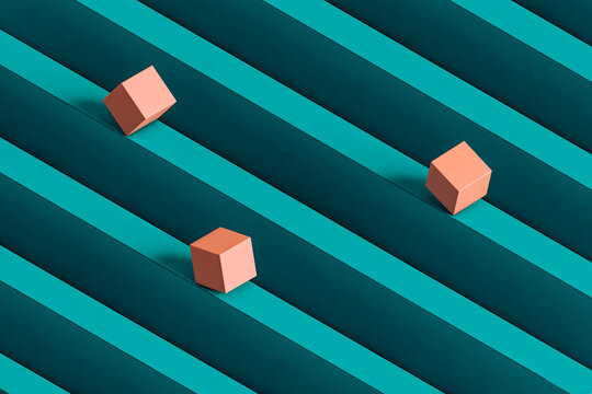 Pink cubes rolling down parallelepiped