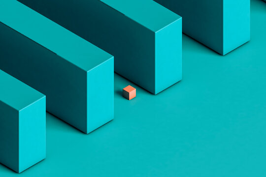 Pink cube near blue parallelepiped with copy space.