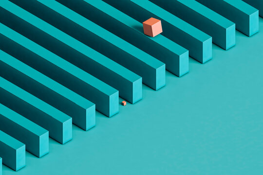 Pink cube rolling down parallelepiped. 3d render