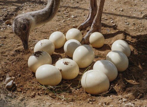 An ostrich inspects her eggs
