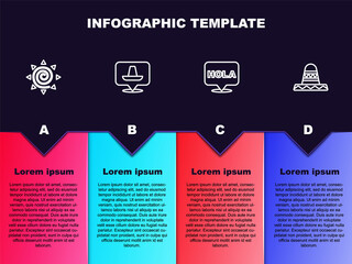 Set line Sun, Mexican sombrero, Hola and . Business infographic template. Vector