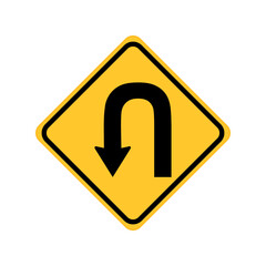 Left U-turn ahead traffic sign road on yellow background.