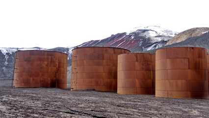 Old, rusted whale oil tanks at Whaler's Bay on Deception Island, South Shetland Islands, Antarctica