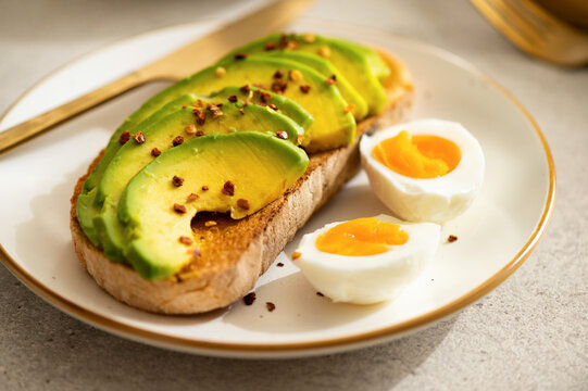 Healthy breakfast: avocado toast with boiled eggs