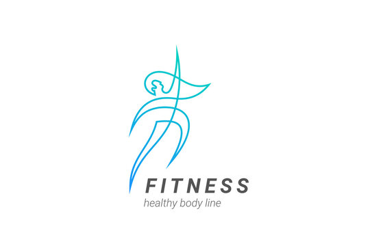 Fitness Woman Dancing Girl Logo Elegant design vector template Linear Outline style.