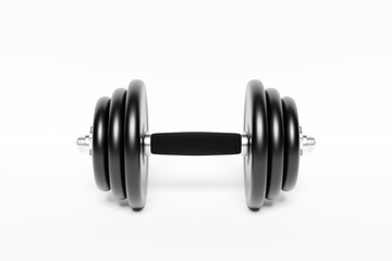 Fototapeta na wymiar 3D illustration metal black dumbbell with disks on white background. Fitness and sports equipment