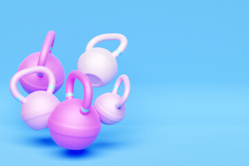 Training  pink weights  on blue  isolated background. Dumbbells, kettlebell.