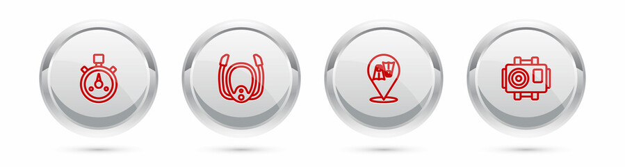 Set line Stopwatch, Diving mask with snorkel, Flippers for swimming and Photo camera diver. Silver circle button. Vector