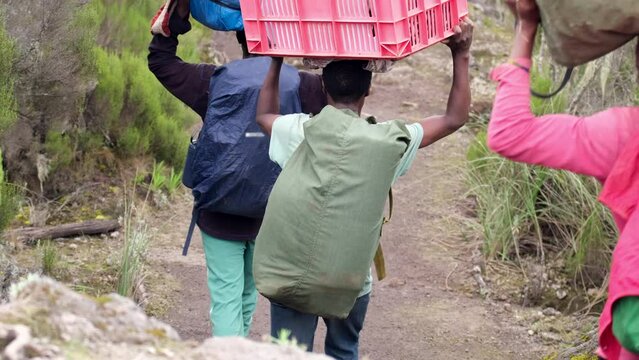 Kilimanjaro. Africa Close-up of porters carrying heavy equipment on their heads through the Afro-Alpine moorlands. Porters carry suitcases to the Shira camp during the trek to Mount Kilimanjaro