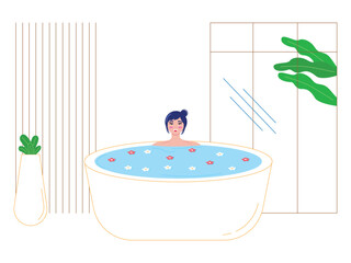 Naklejka premium Woman is soaking in Jacuzzi with flowers. Spa treatments. Spa vector illustration. 