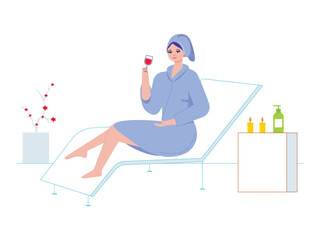 While doing body treatment at the spa a woman sits and enjoys a glass of drink. Glamorous lifestyle. Activities at the spa salon. Spa vector illustration.