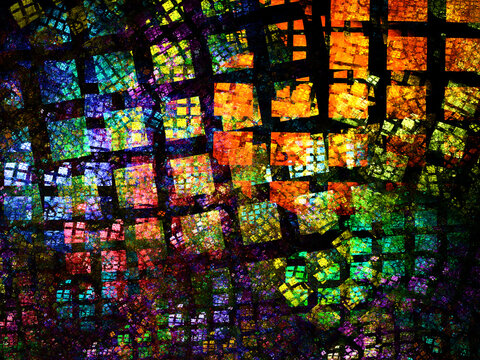 Composici&oacute;n de arte fractal digital consistente en trazos geom&eacute;tricos coloridos irregulares sobre fondo negro en un conjunto que muestra la vista sobrevolando una ciudad antigua en ruinas.