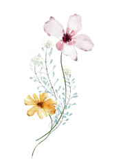 Fototapeta na wymiar Watercolor bouquet with wild flowers, twigs. Pink, blue and yellow flowers, branches. Hand drawn floral illustration