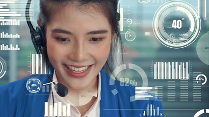 Customer support call center provide data with envisional graphic . Business and communication technology concept .