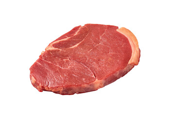 Fresh meat sliced into thick slices isolated on white background, raw beef, uncooked.