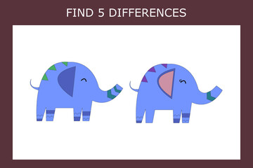 Educational game for children. Find 5 differences between the elephants and circle them