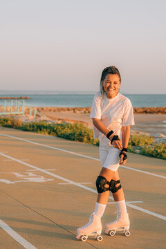 Happy female roller skater