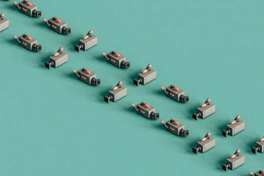 rows of Videocameras on a blue background. 3d render