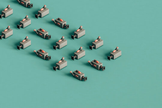 rows of Videocameras on a blue background. 3d render