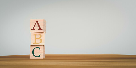 A b c font word alphabet cube block wooden copy space decoration symbol economy business idea financial marketing saving tax fund wealth credit investment education toy child kid classroom.3d render