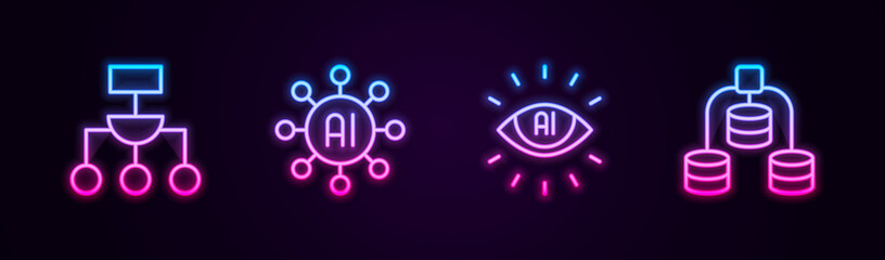 Set line Algorithm, Neural network, Artificial intelligence AI and Server, Data. Glowing neon icon. Vector