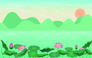 Fototapeta premium summer lotus landscape illustration background