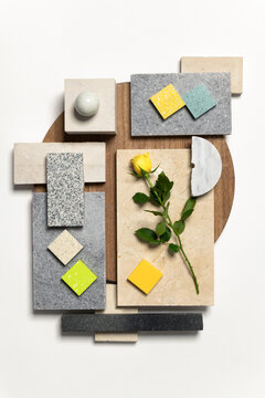 Discarded natural interior material - stone and wood mood board