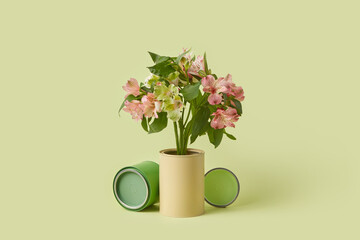 Bouquet of spring flowers inside tin can